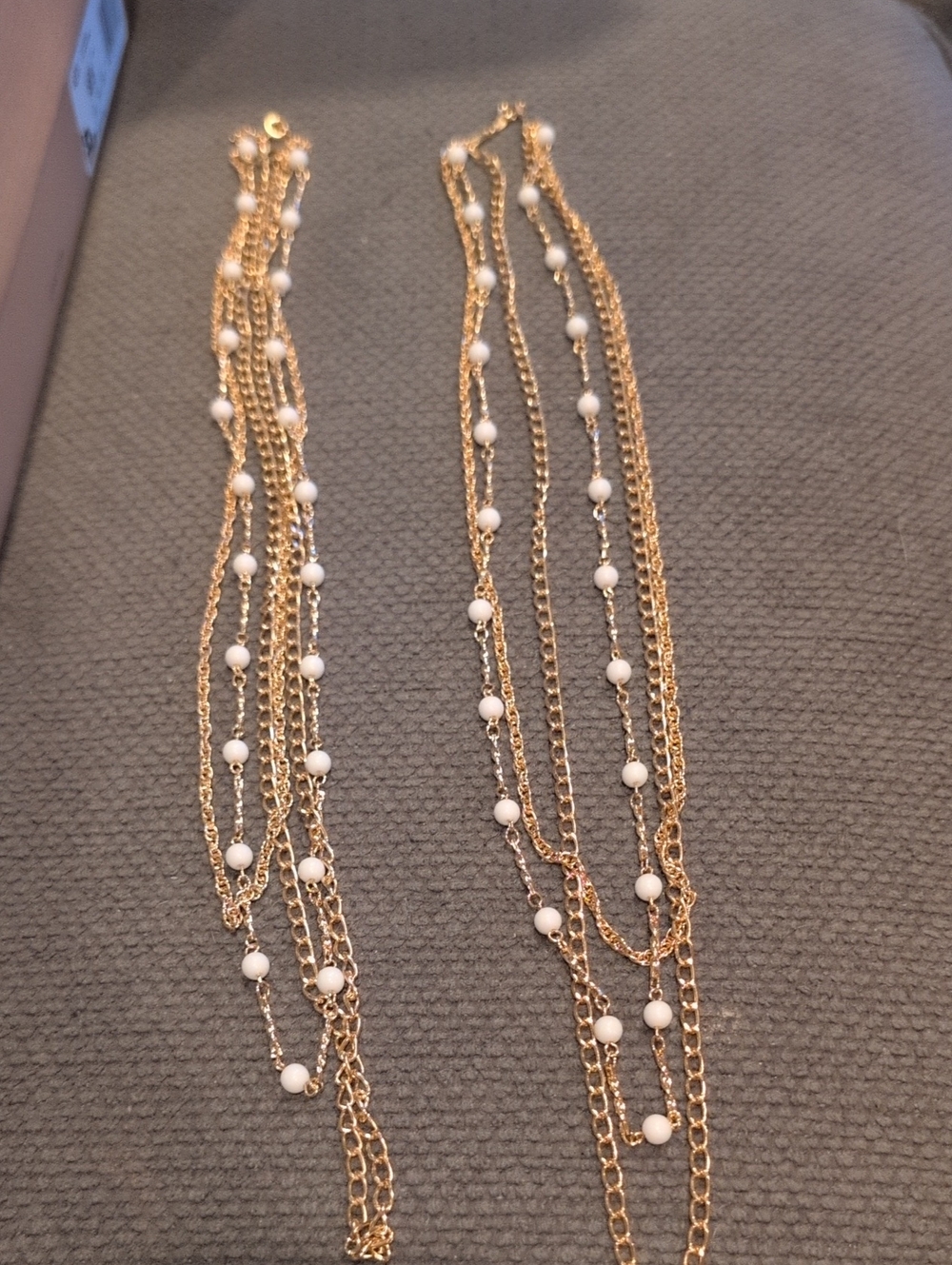 One Set Of 2 Vintage Gold Multi-Strand Beaded Layered Necklace - White Beads